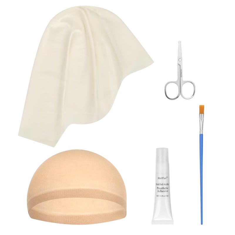 MetFun 5PCS Professional Bald Cap Kit for Men Women Halloween Costume Makeup SFX Makeup Accessories with Prosthetic Adhesive Nude Wig Cap Safety Scissors Painting Brush Perfect for Cosplay Dress-Up & Theatre - Image 1